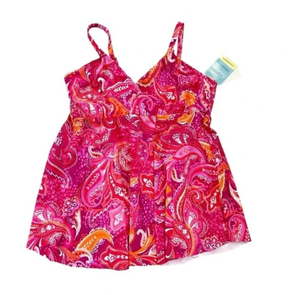 Swim Solutions Underwire V Neck Paisley Tankini Swim Top Pink Size 10 NWT - Picture 4 of 11